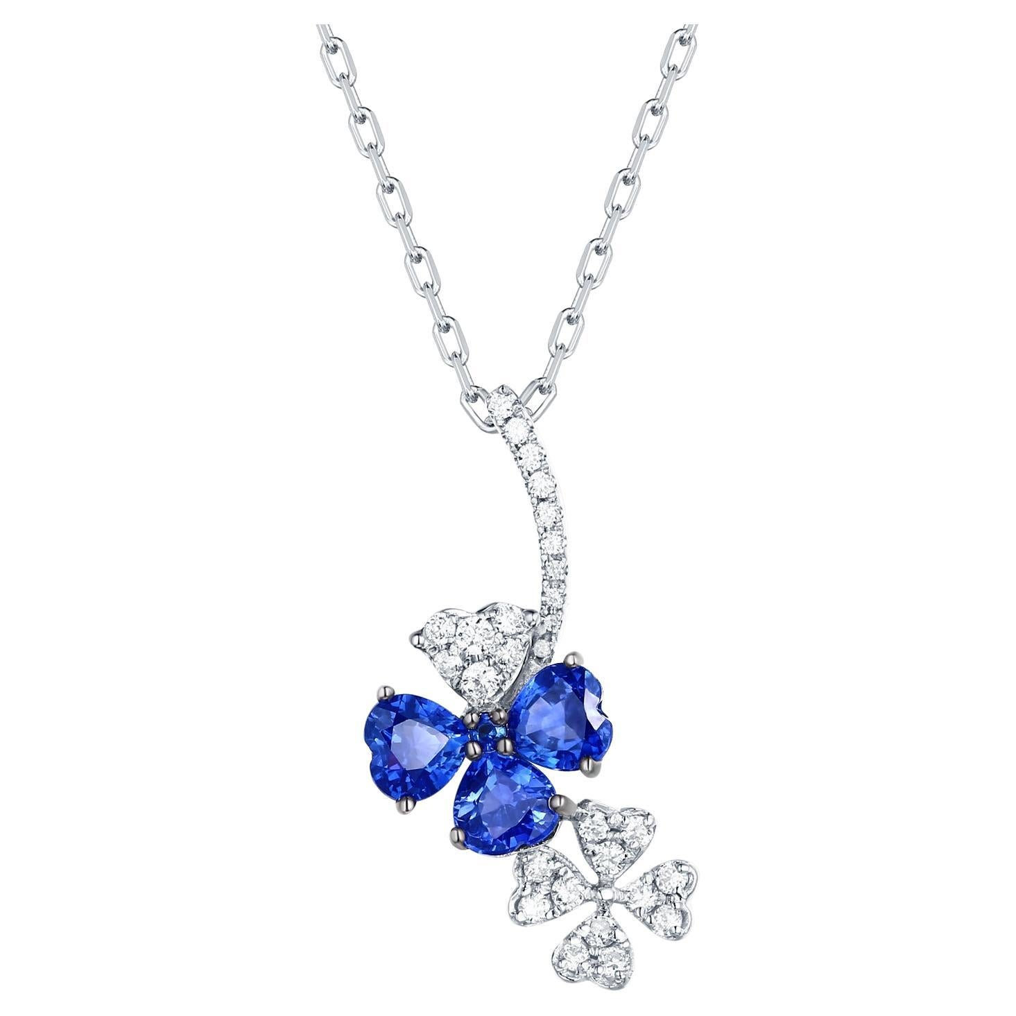 Blue Sapphire & Diamonds Flower Pendant Made In 18k White Gold