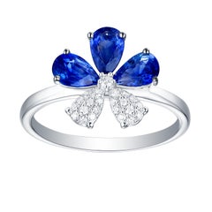 Blue Sapphire & Diamonds Flower Ring Made In 18k White Gold