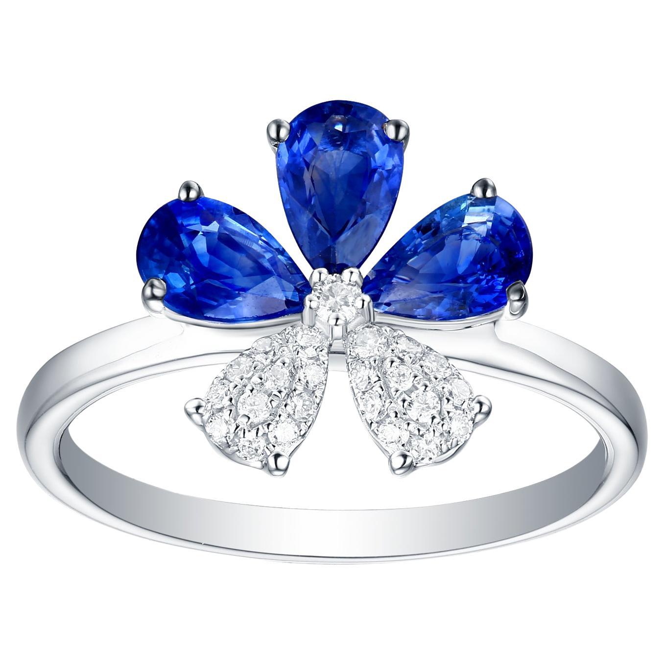 Blue Sapphire & Diamonds Flower Ring Made In 18k White Gold