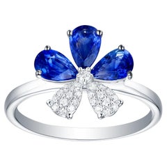 Blue Sapphire & Diamonds Flower Ring Made In 18k White Gold