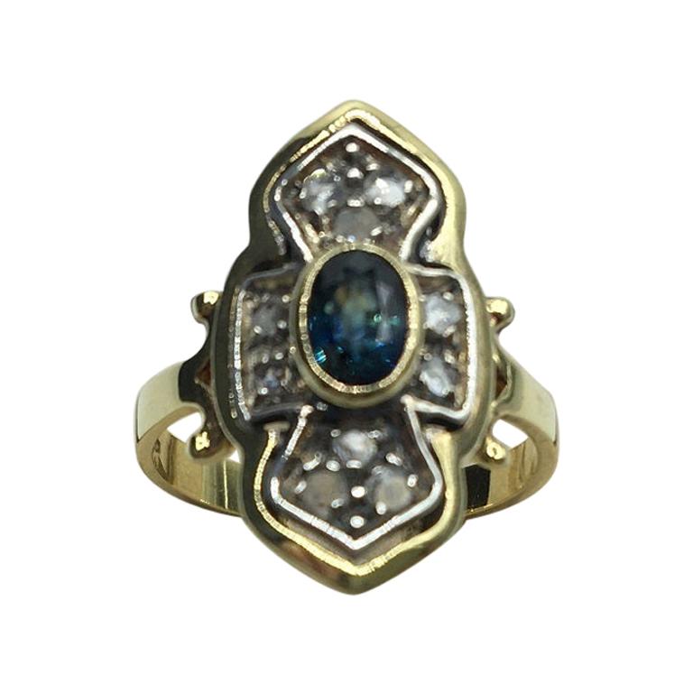 Blue Sapphire Diamonds Gold Cocktail Ring, 1980s For Sale