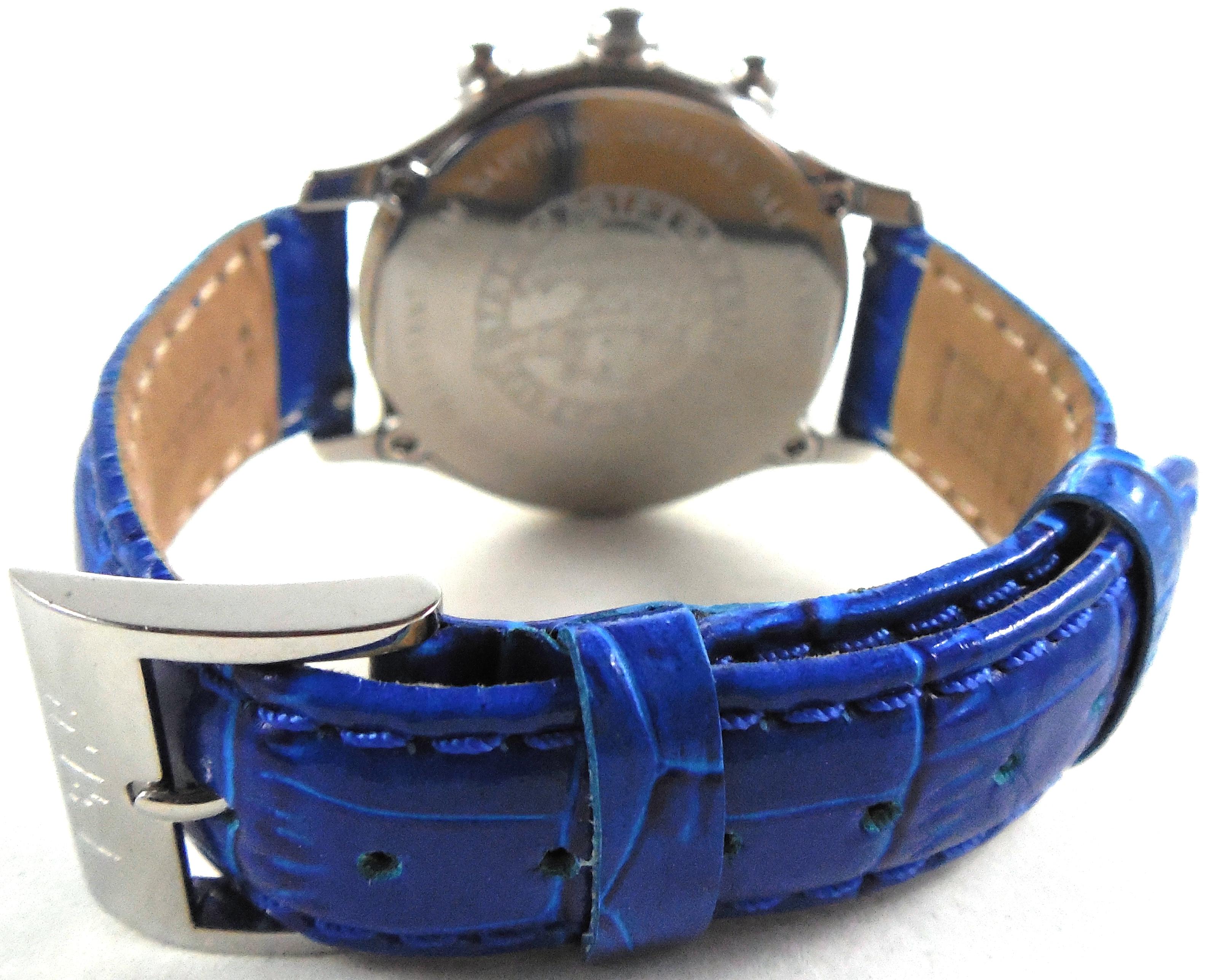 Modern Blue Sapphire & Diamonds Pave Dial Luxury Swiss Quartz Exotic Leather Band Watch For Sale