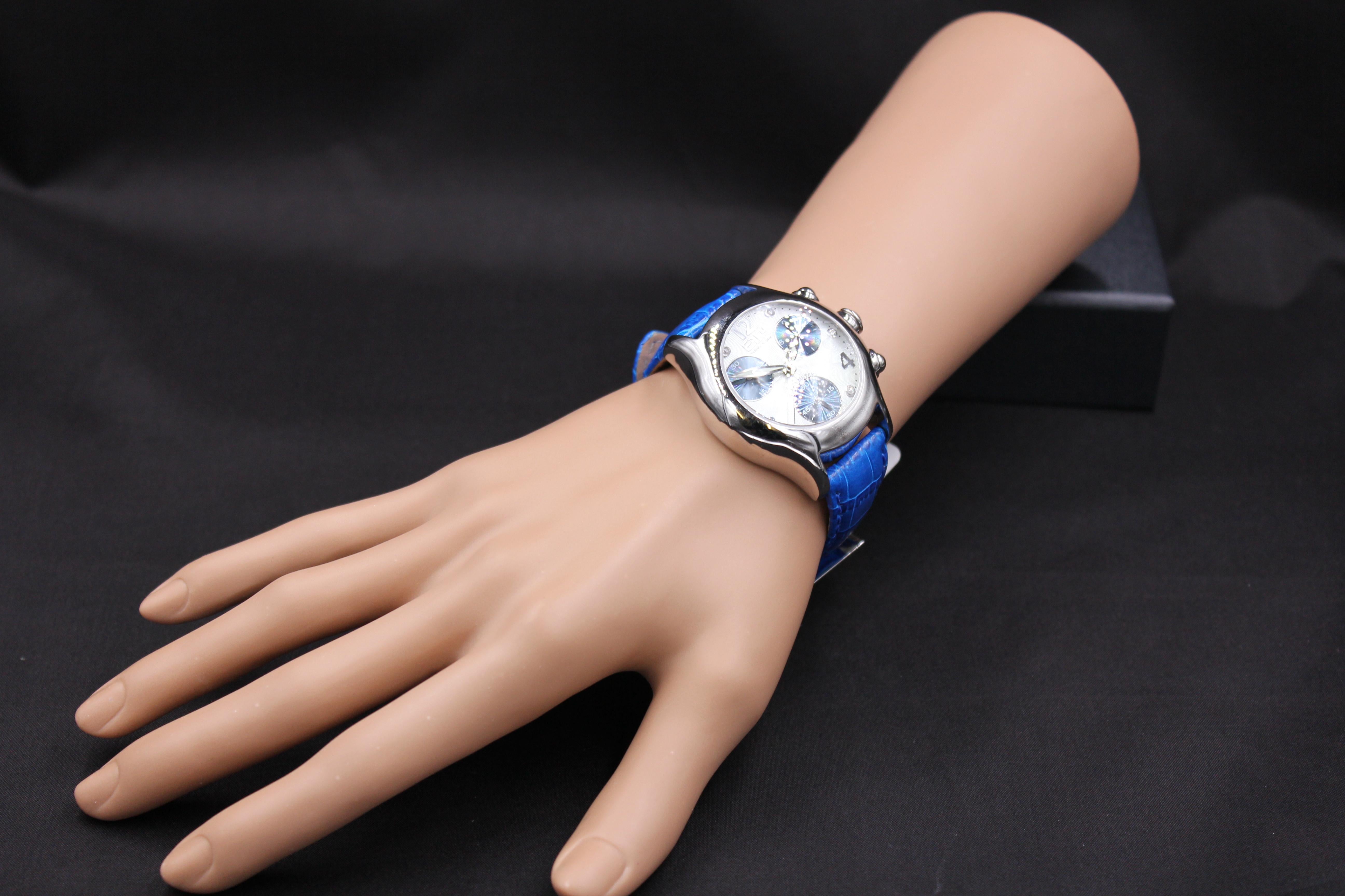 Mixed Cut Blue Sapphire & Diamonds Pave Dial Luxury Swiss Quartz Exotic Leather Band Watch For Sale
