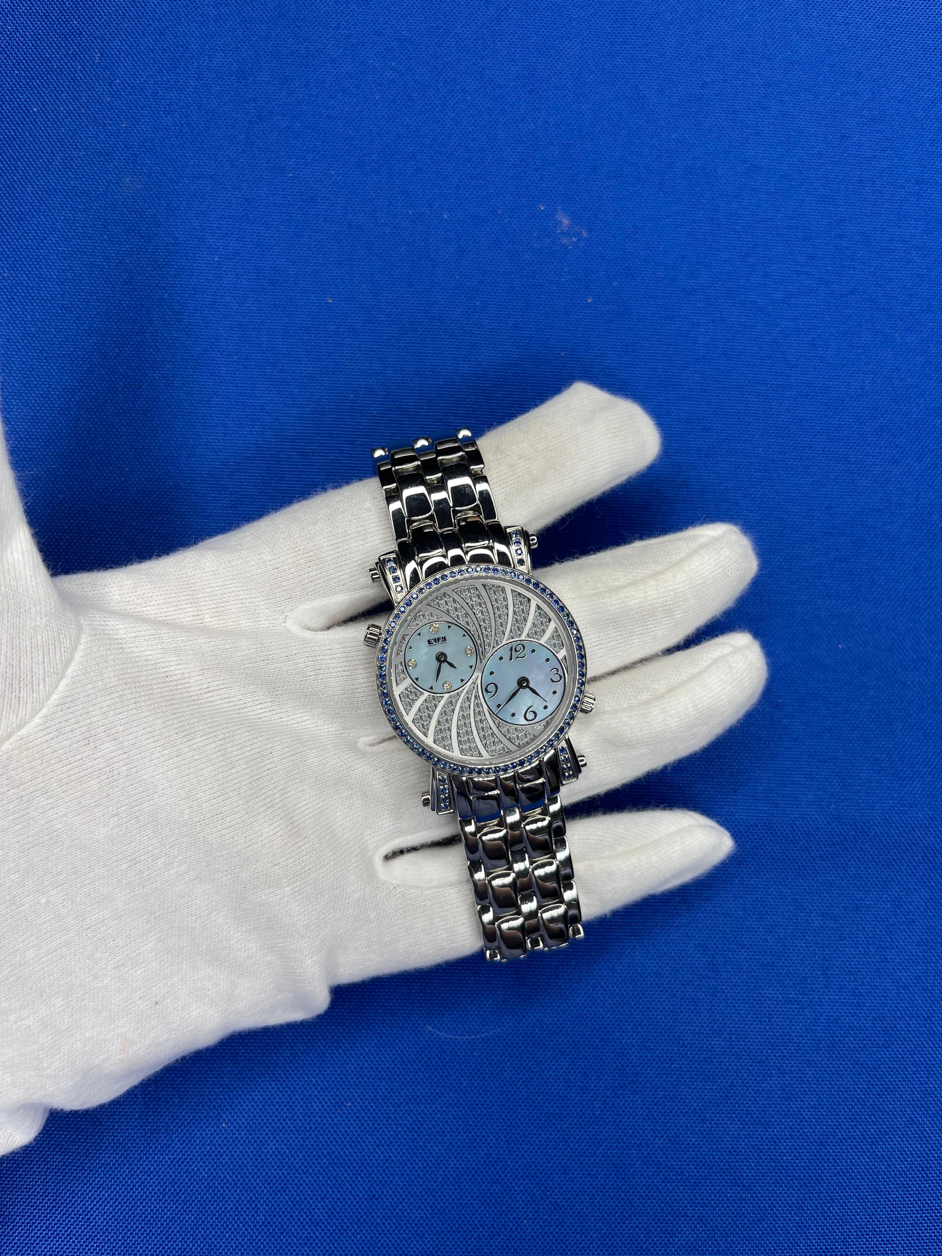 Mixed Cut Blue Sapphire & Diamonds Pave Dial Luxury Swiss Quartz Exotic Leather Band Watch For Sale