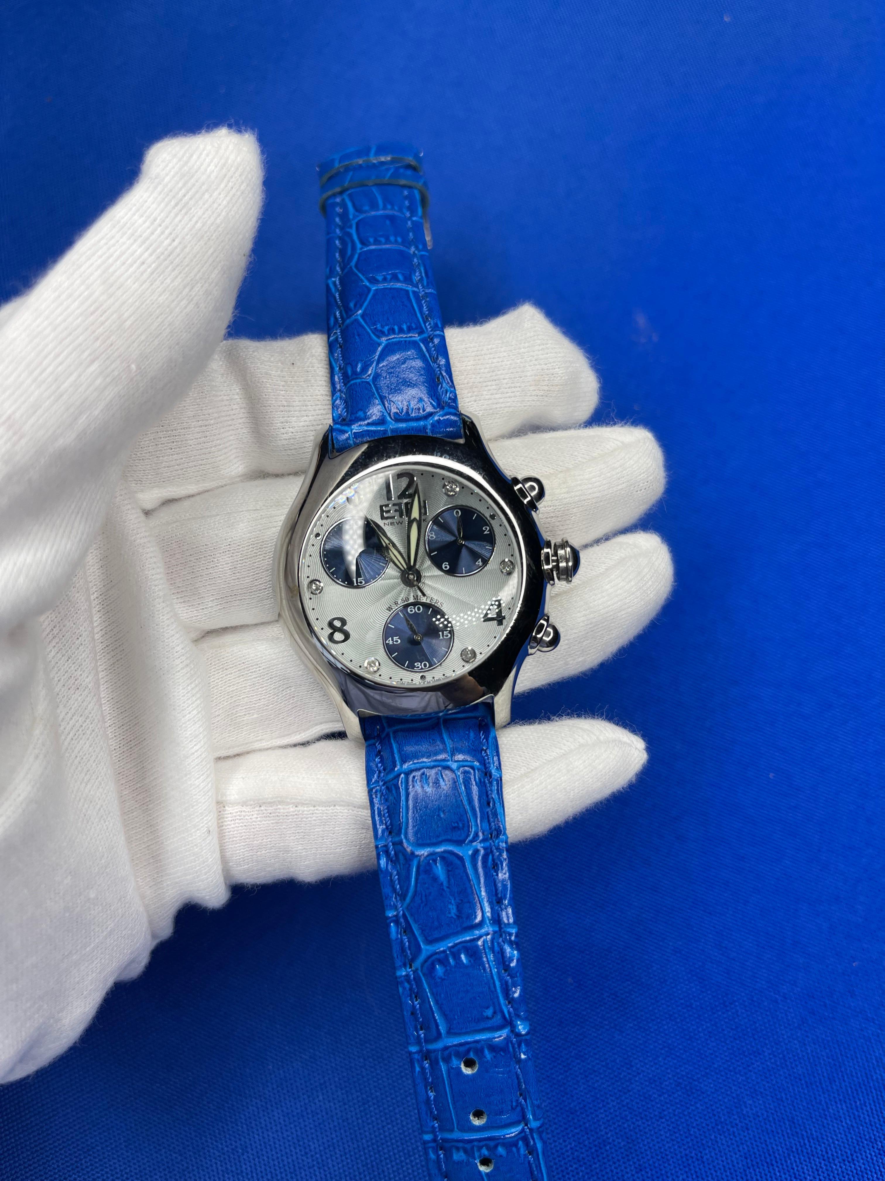 Blue Sapphire & Diamonds Pave Dial Luxury Swiss Quartz Exotic Leather Band Watch In New Condition For Sale In Oakton, VA
