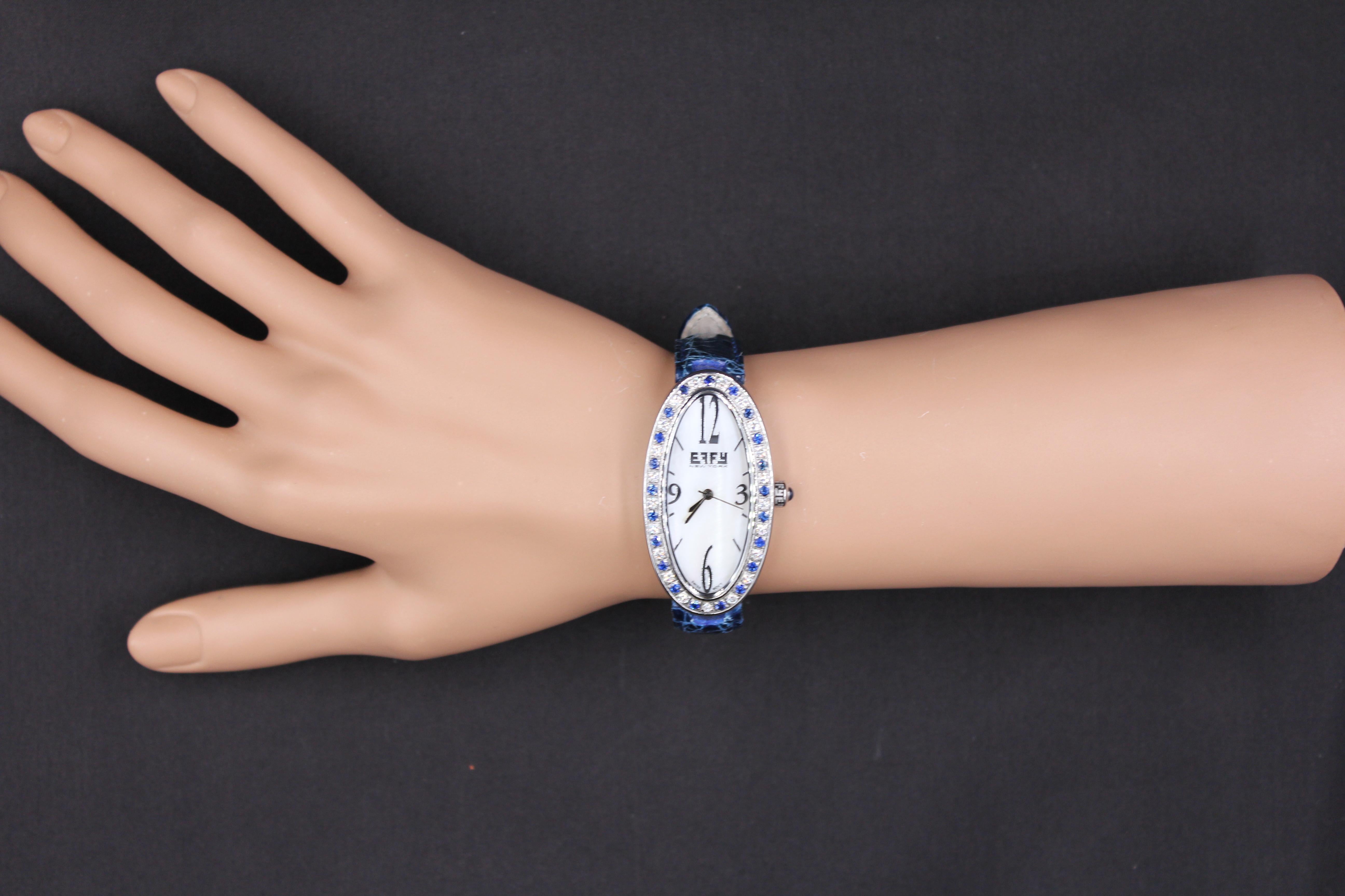 Mixed Cut Blue Sapphire Diamonds Pave Dial Luxury Swiss Quartz Exotic Leather Band Watch For Sale