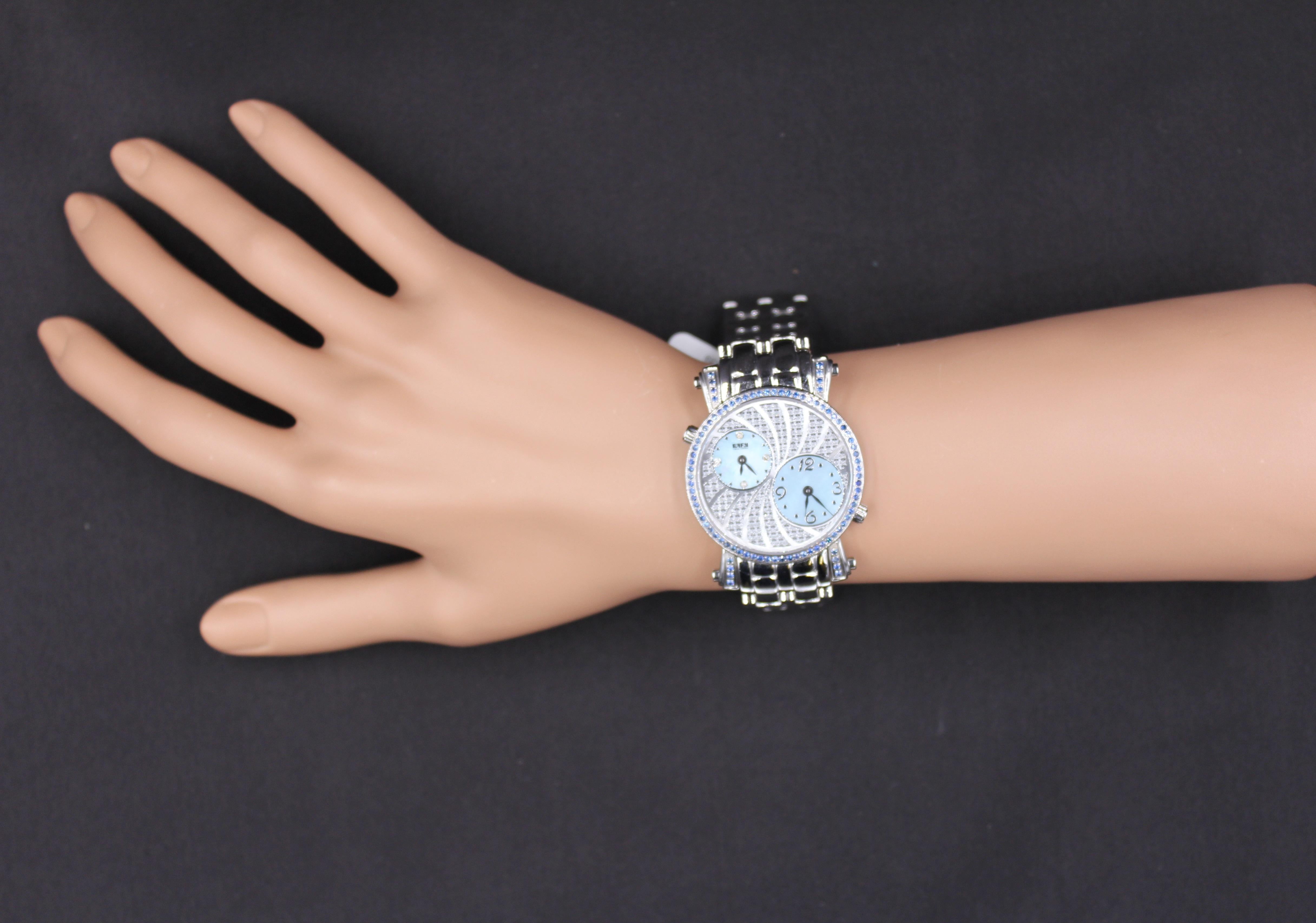 Blauer Saphir & Diamanten Pave Zifferblatt Luxus Schweizer Quarz Exotische Lederband Uhr Damen im Angebot