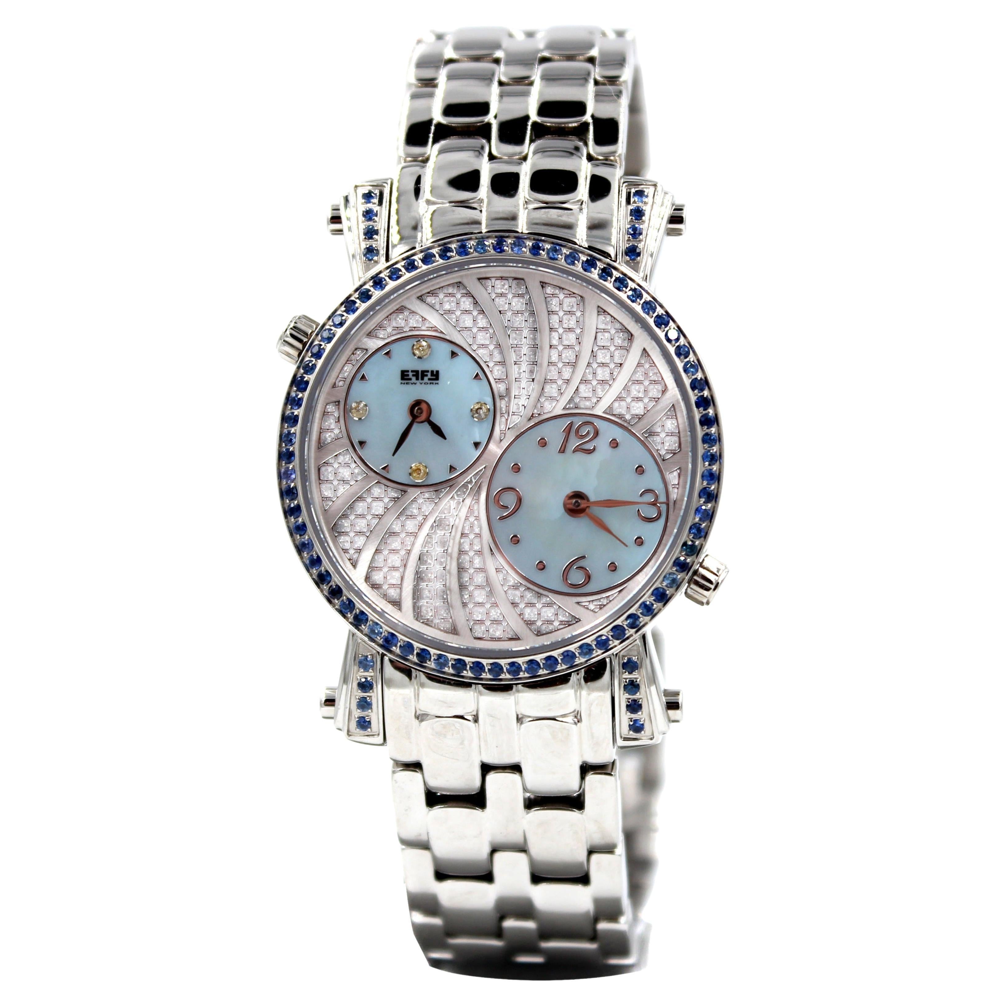 Saphir bleu et diamants Cadran pavé Montre de luxe à quartz suisse avec bracelet en cuir exotique