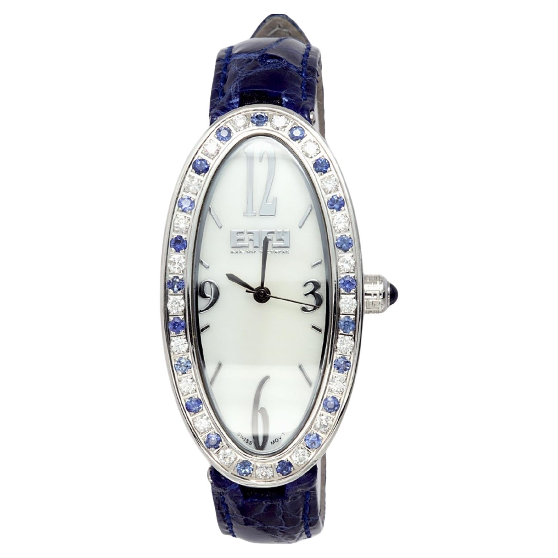 Blue Sapphire Diamonds Pave Dial Luxury Swiss Quartz Exotic Leather Band Watch en vente