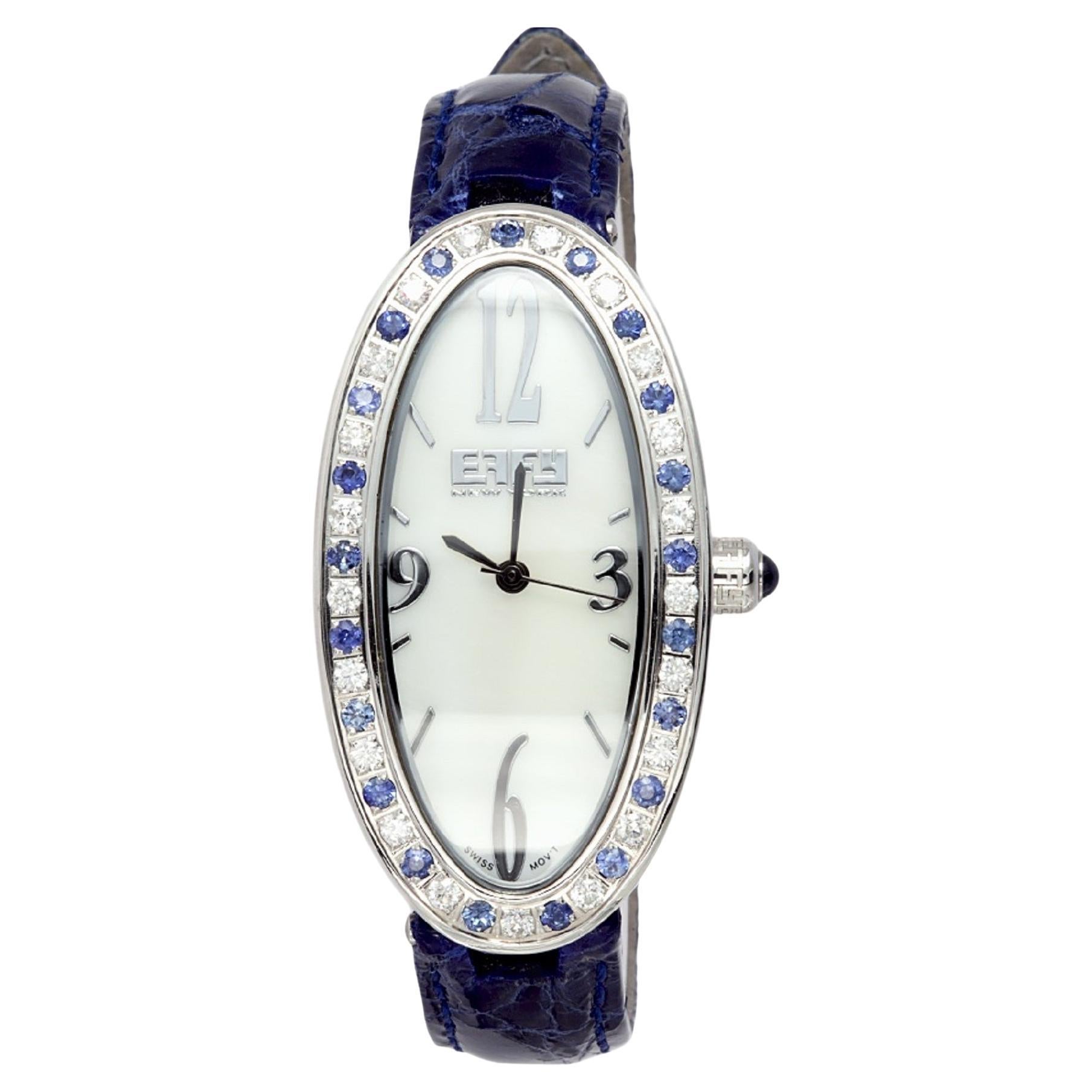 Blue Sapphire Diamonds Pave Dial Luxury Swiss Quartz Exotic Leather Band Watch