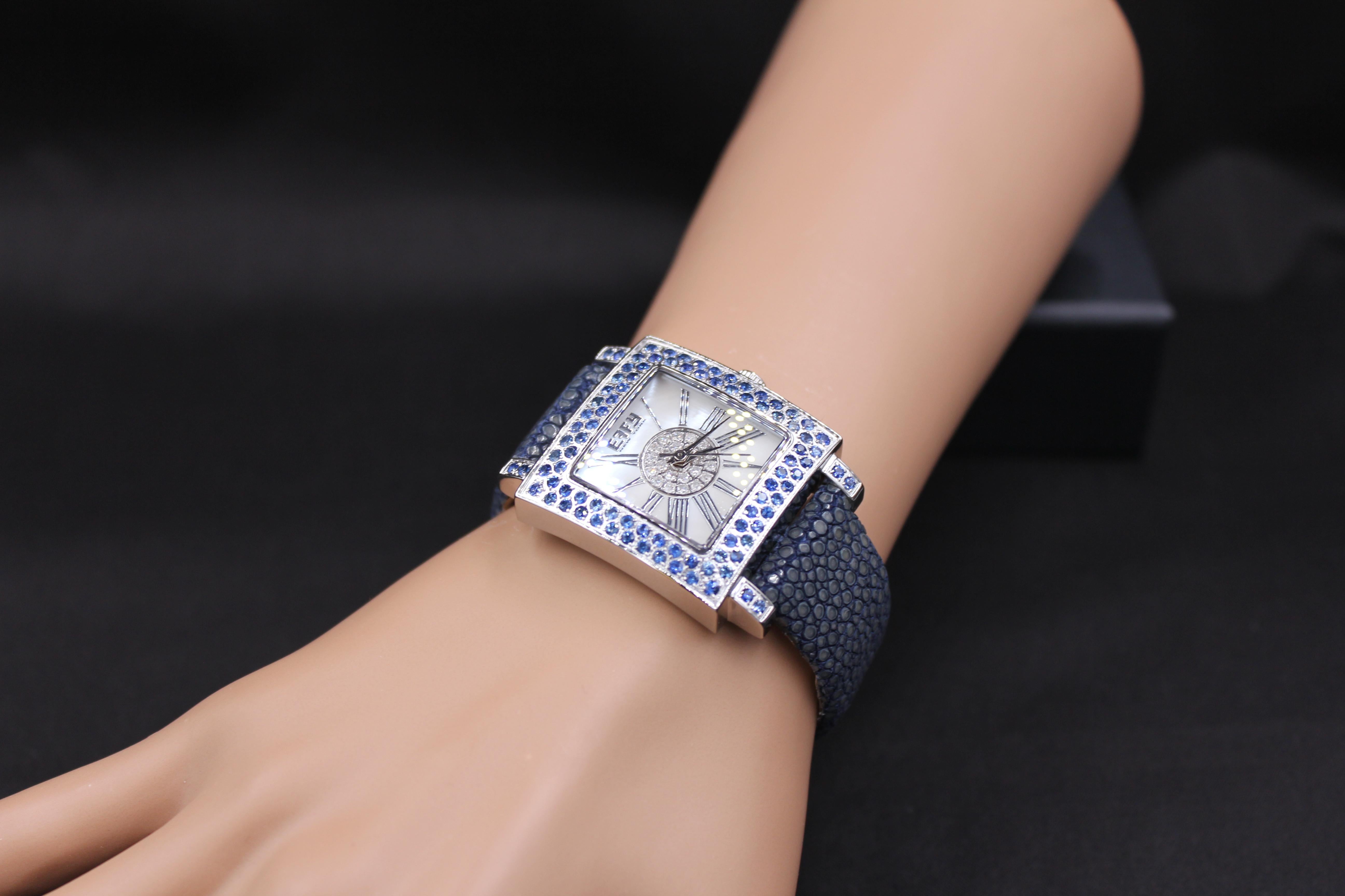 ·      Quality Swiss-Quartz movement guarantees precision timing
·         Mother-of-Pearl dial micro-paved with diamonds and gemstones enhances any dress style
·         Scratch-resistant sapphire glass lens
·         Genuine exotic stingray 