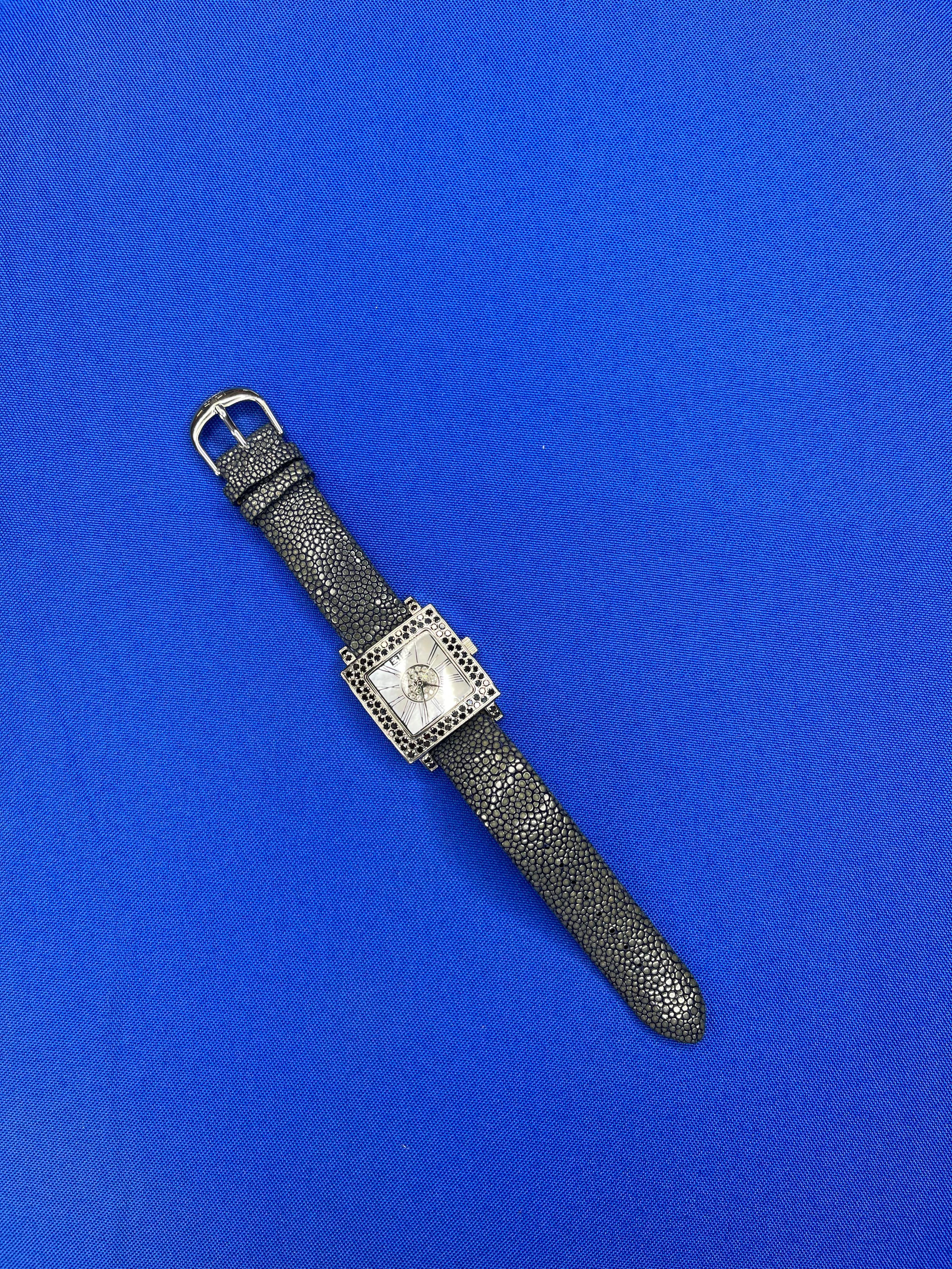 Modern Blue Sapphire & Diamonds Pave Dial Luxury Swiss Quartz Exotic Leather Watch For Sale