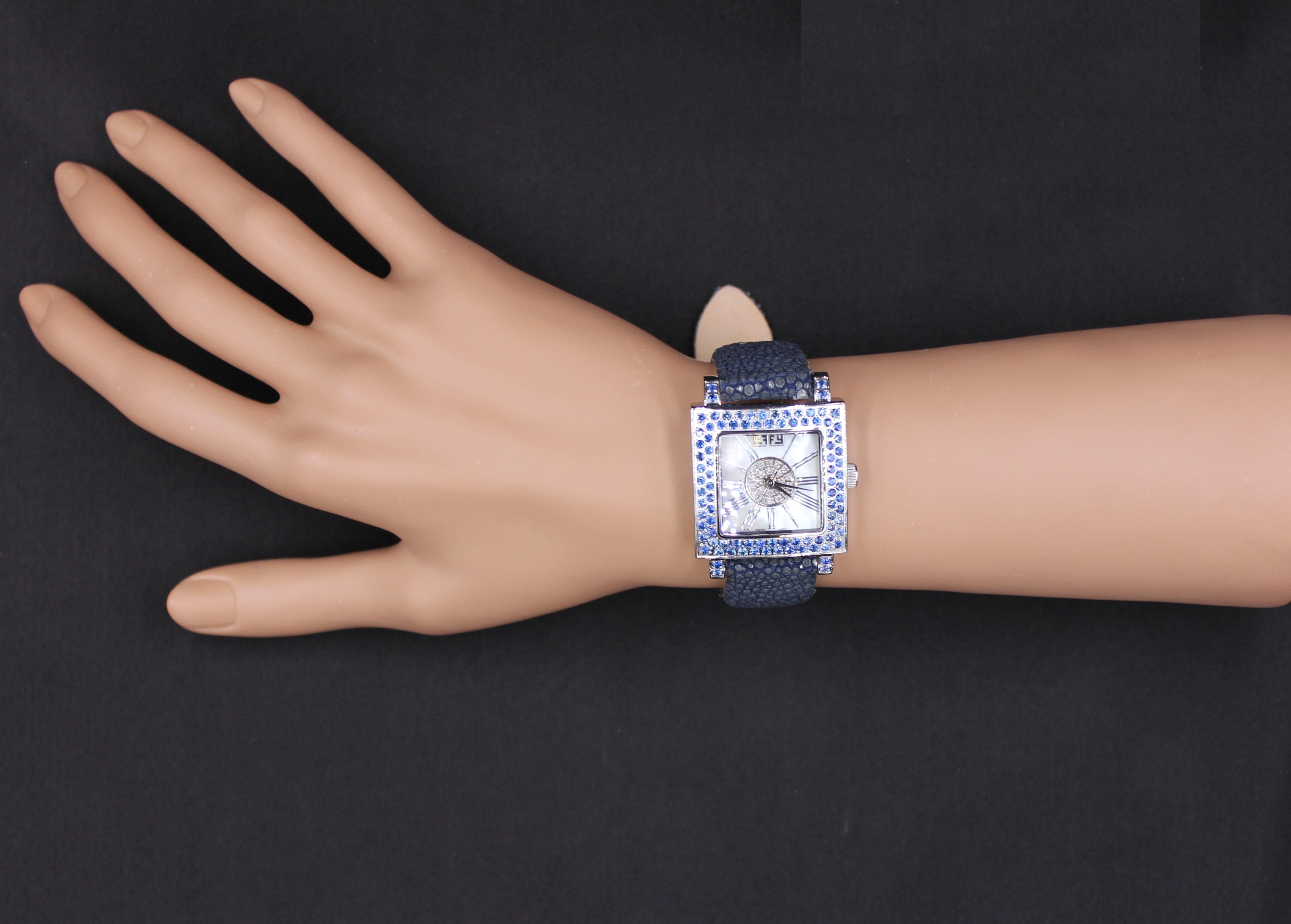 Mixed Cut Blue Sapphire & Diamonds Pave Dial Luxury Swiss Quartz Exotic Leather Watch For Sale
