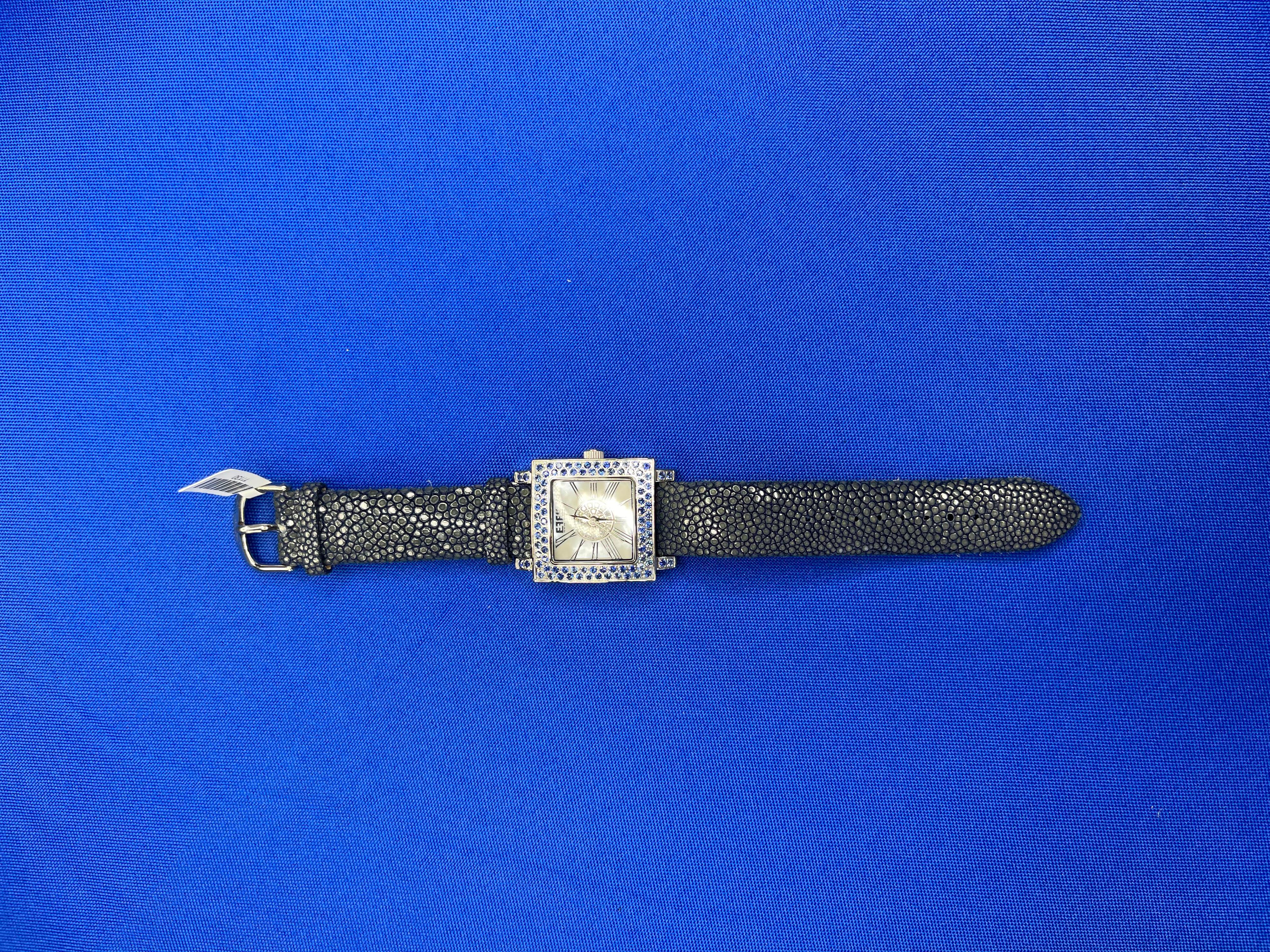 Blue Sapphire & Diamonds Pave Dial Luxury Swiss Quartz Exotic Leather Watch In New Condition For Sale In Oakton, VA