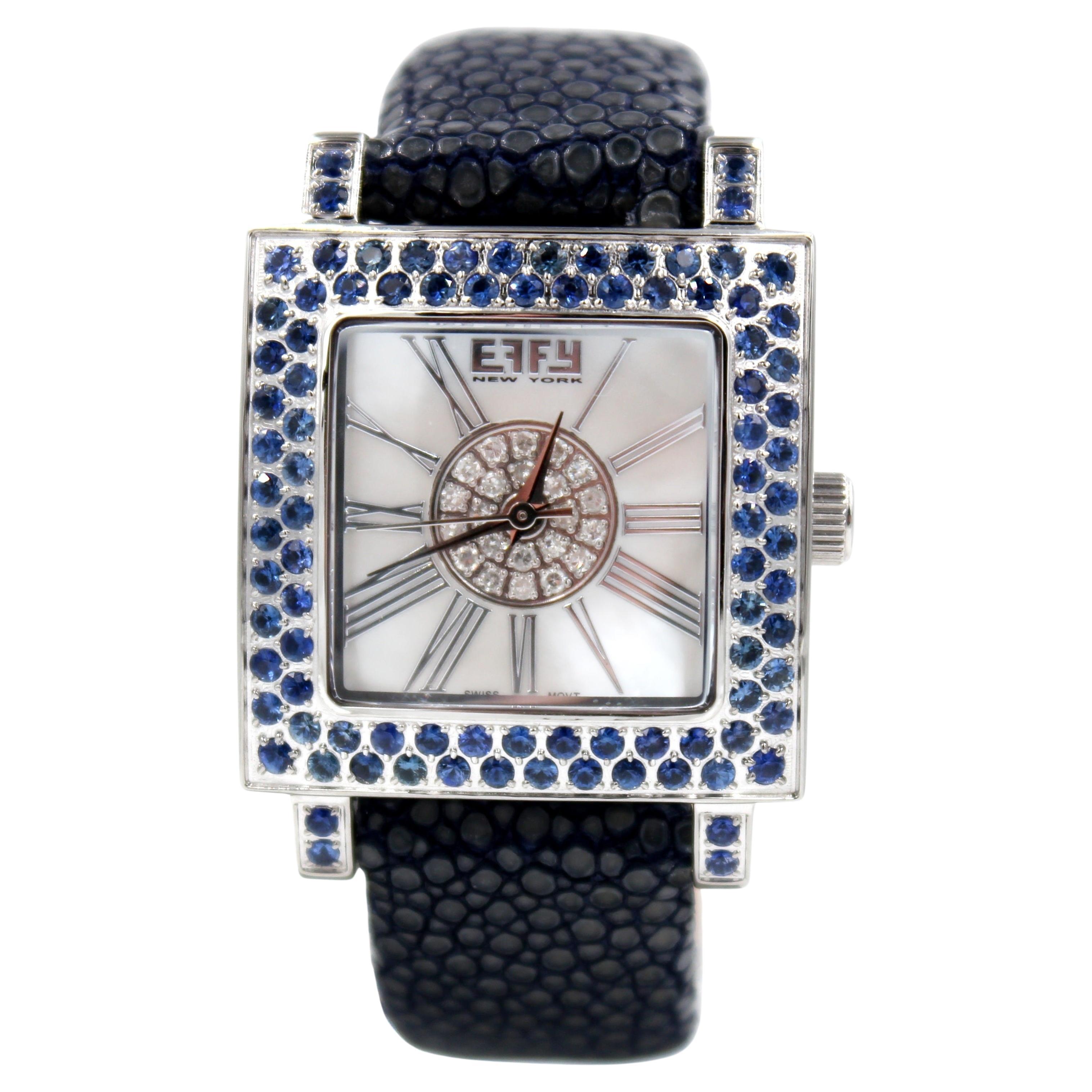 Blue Sapphire & Diamonds Pave Dial Luxury Swiss Quartz Exotic Leather Watch For Sale