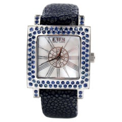 Blue Sapphire & Diamonds Pave Dial Luxury Swiss Quartz Exotic Leather Watch