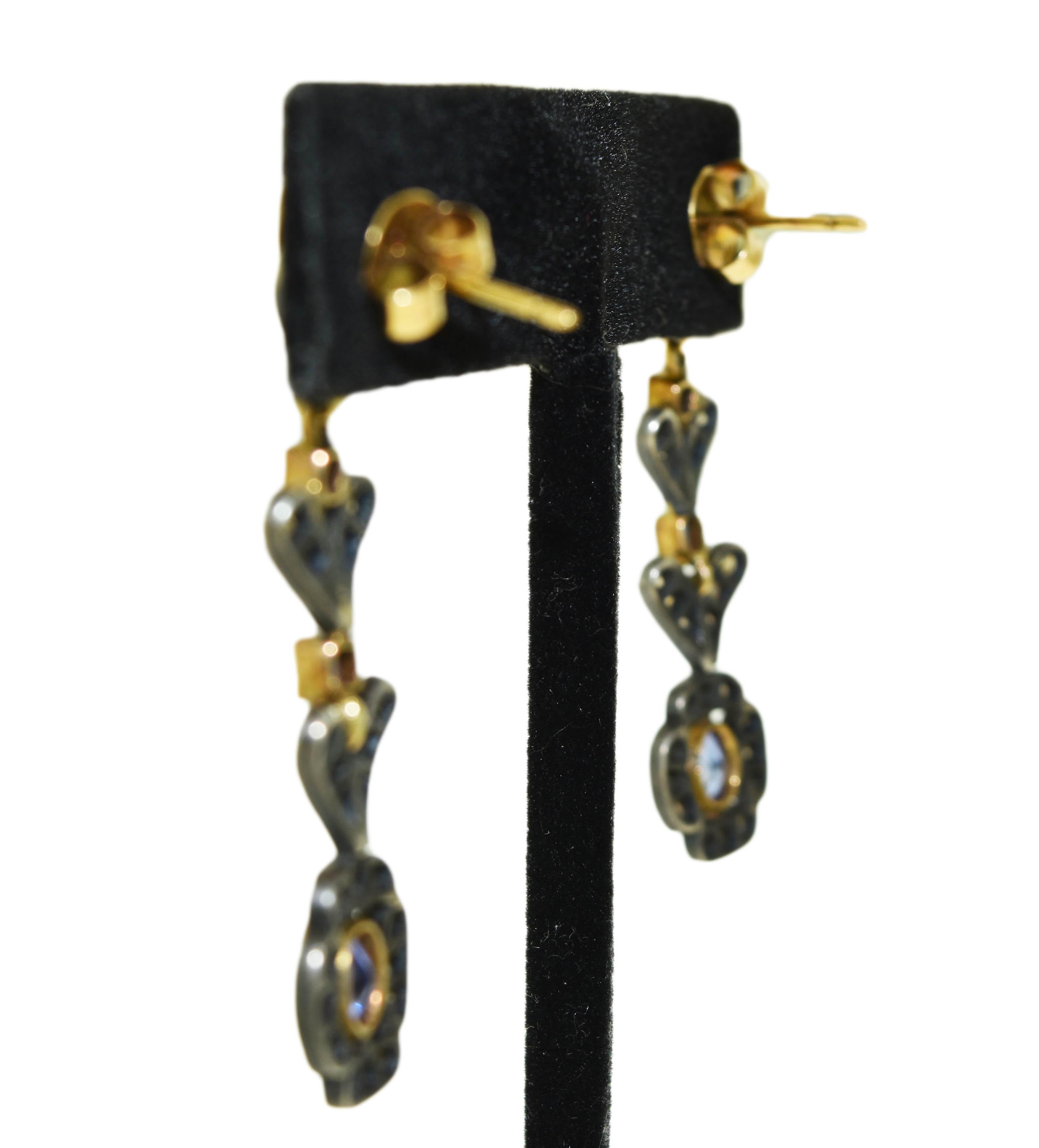 Round Cut Blue Sapphire and Diamonds Set in 18 Karat Gold with Rodium Antique Earrings