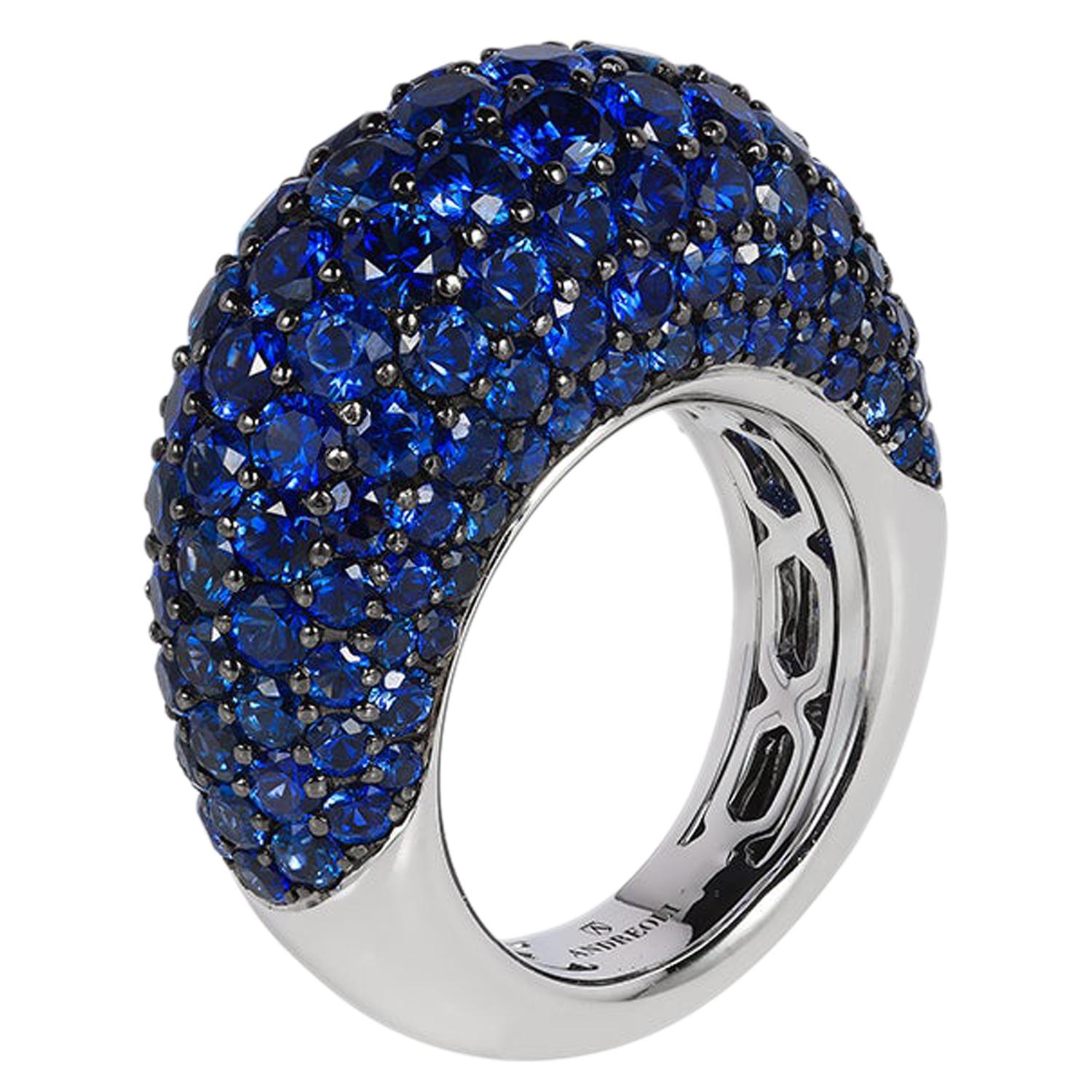Blue Sapphire Dome Ring Cocktail 18 Karat White Gold Andreoli
