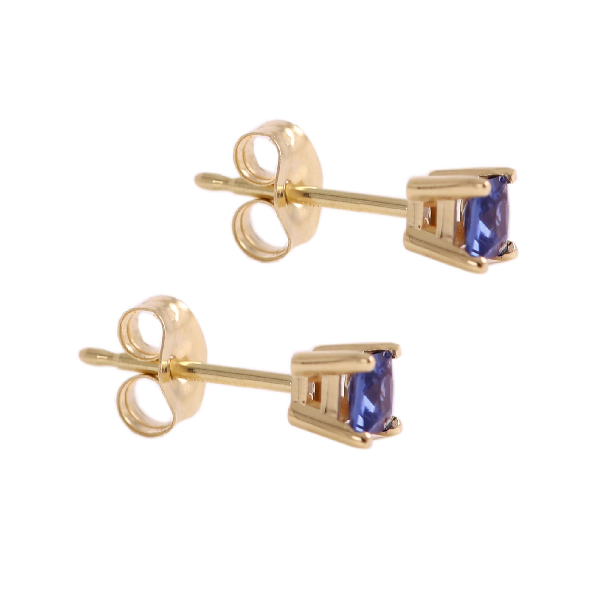 Square Cut Blue Sapphire Earring Studs Mini Cute Size 14 Karat Yellow Gold, Natural Blue