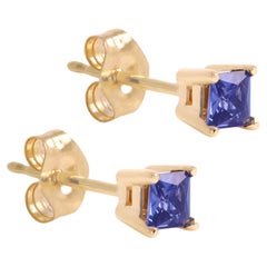 Blue Sapphire Earring Studs Mini Cute Size 14 Karat Yellow Gold, Natural Blue