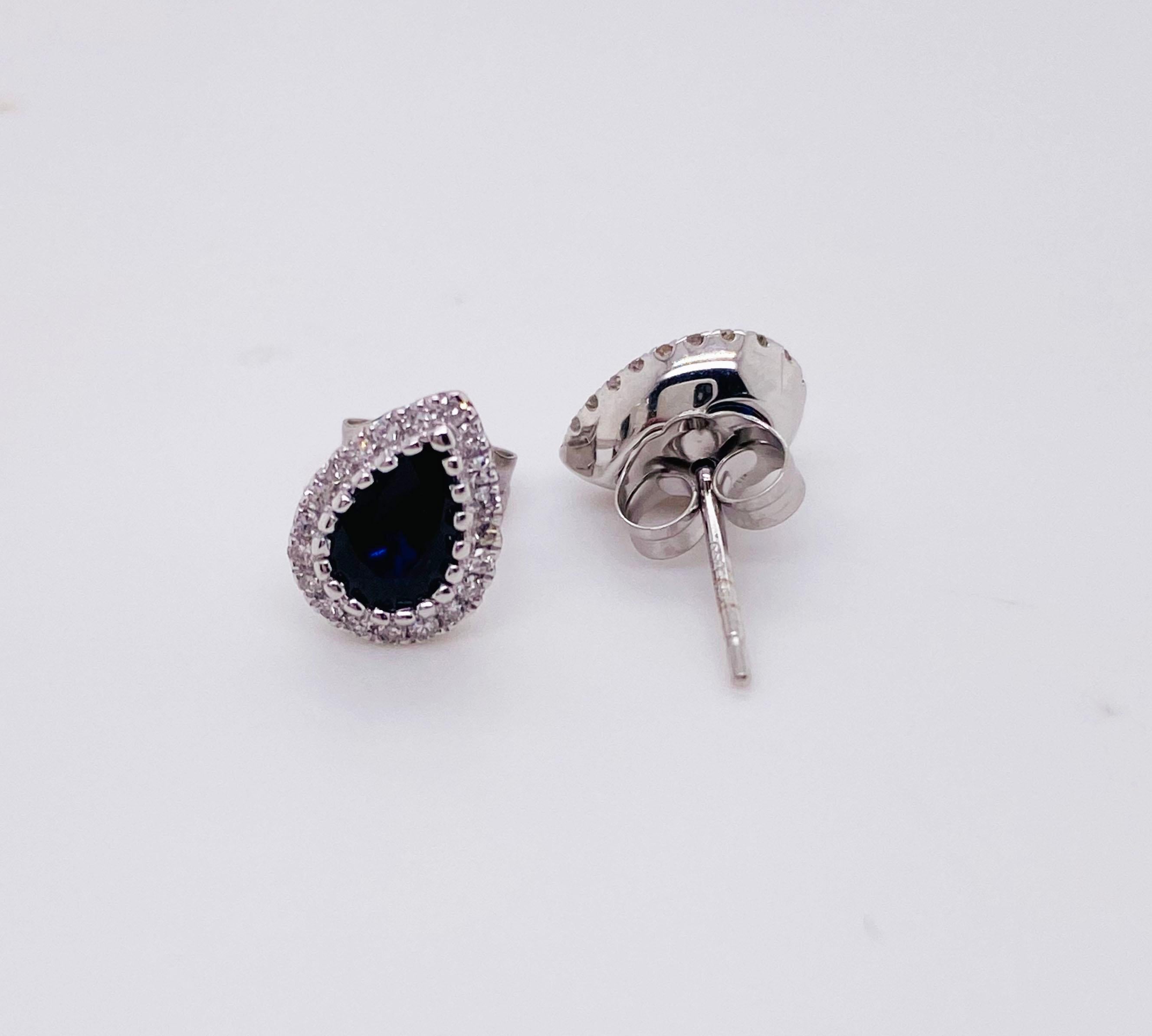 Contemporary Blue Sapphire Earring with Diamond Halo Around Pear Sapphire in White Gold For Sale