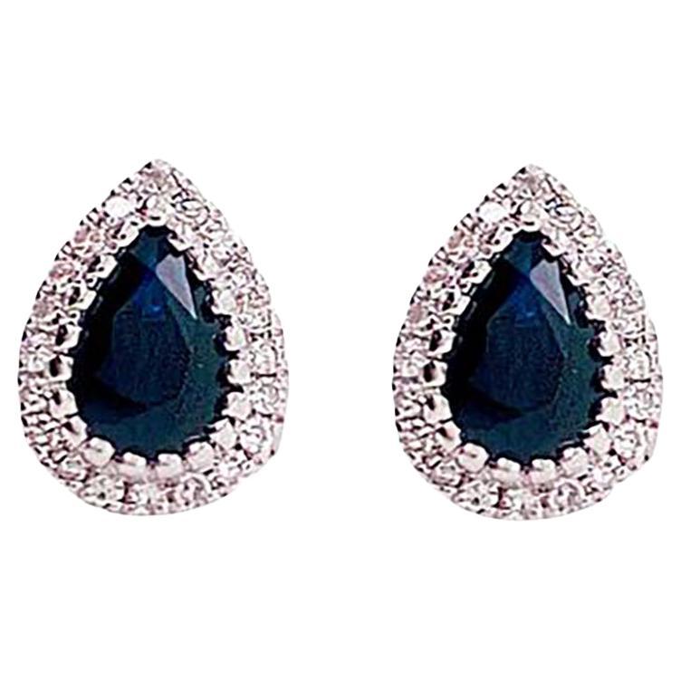 Blue Sapphire Earring with Diamond Halo Around Pear Sapphire in White Gold For Sale