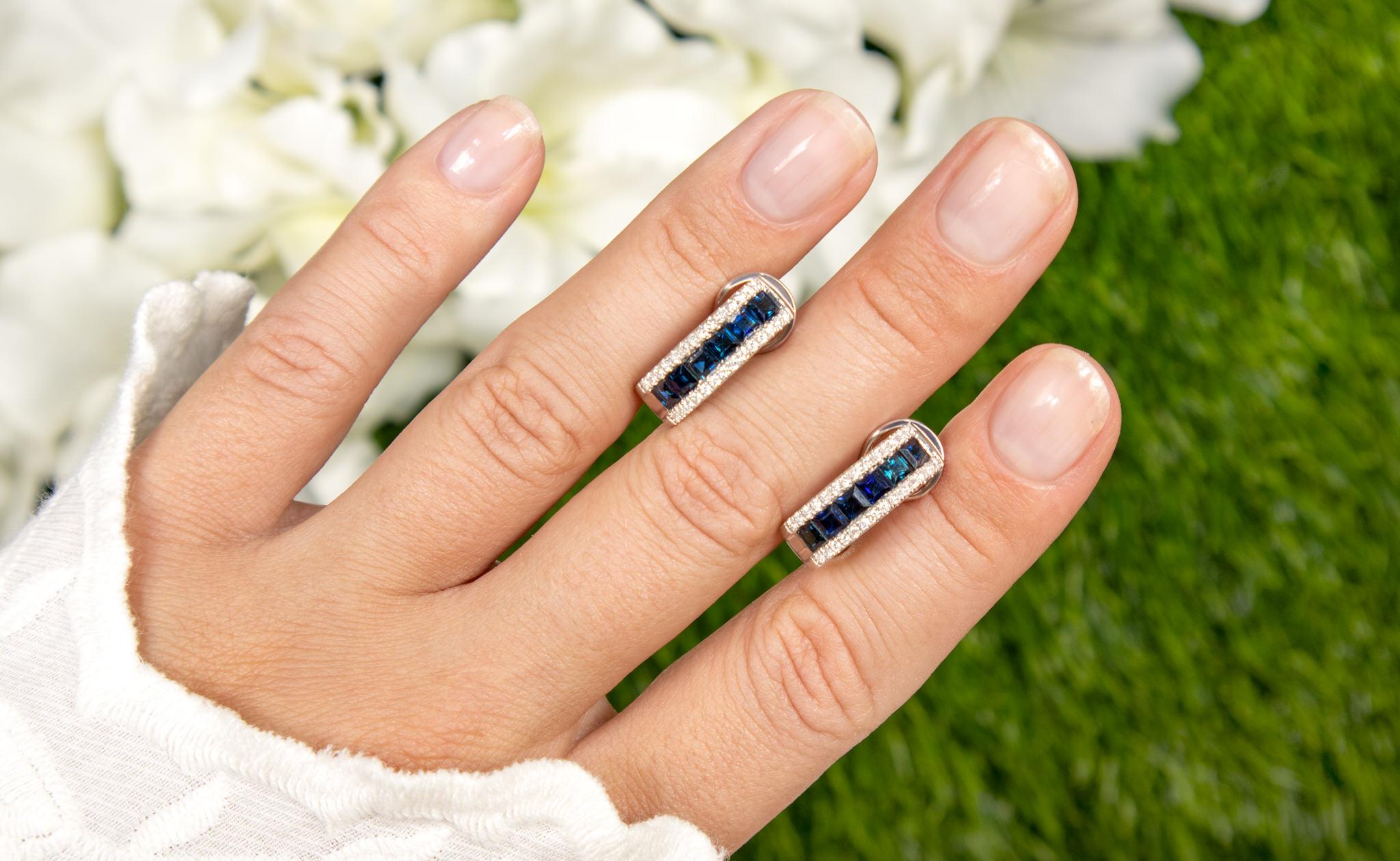 Square Cut Blue Sapphire Earrings Diamond Halo 2.9 Carats Total For Sale