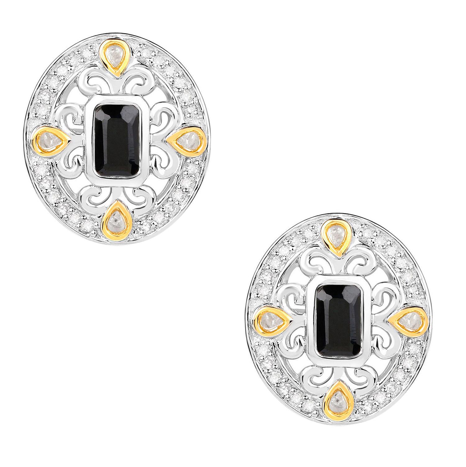 Contemporain Boucles d'oreilles saphir bleu Diamants 0,90 carats Argent plaqué or jaune 18K en vente