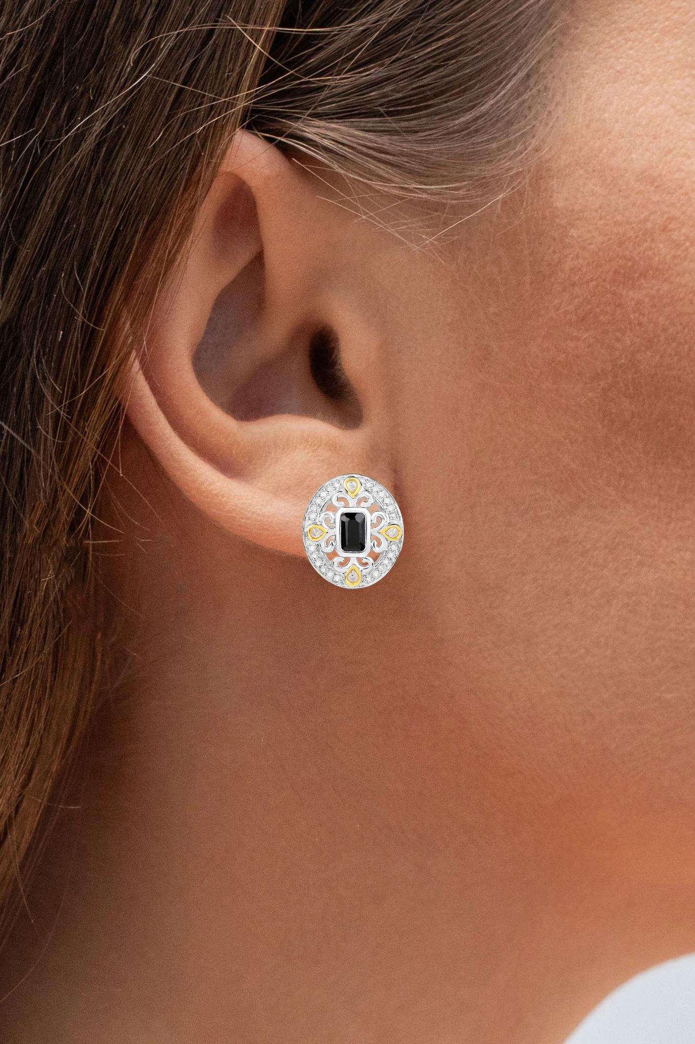 Taille mixte Boucles d'oreilles saphir bleu Diamants 0,90 carats Argent plaqué or jaune 18K en vente