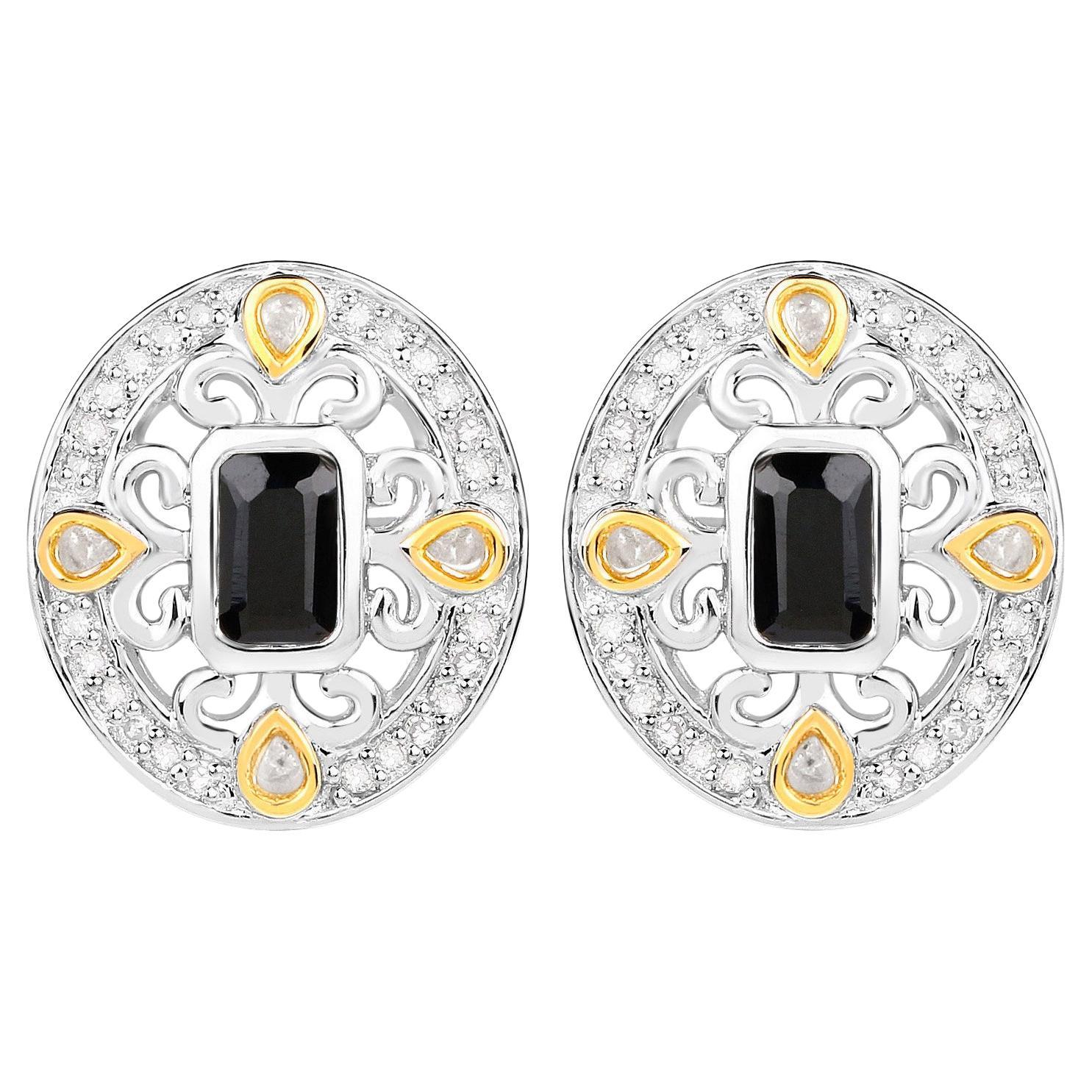 Boucles d
oreilles saphir bleu Diamants 0,90 carats Argent plaqué or jaune 18K