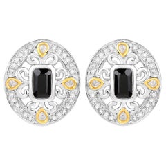 Boucles d
oreilles saphir bleu Diamants 0,90 carats Argent plaqué or jaune 18K