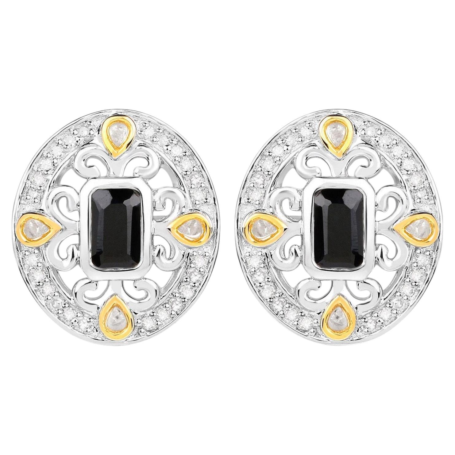 Blue Sapphire Earrings Diamonds 0.90 Carats 18K Yellow Gold Plated Silver
