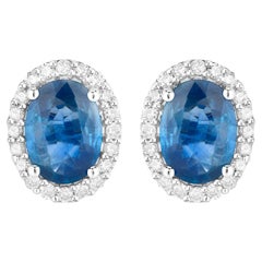 Boucles d'oreilles saphir bleu Diamants 2.15 Carats Or blanc 14K