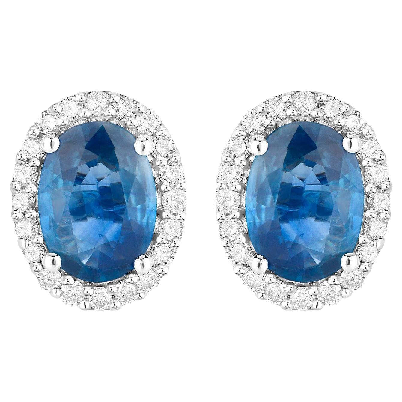 Blue Sapphire Earrings Diamonds 2.15 Carats 14K White Gold
