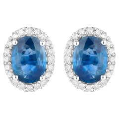 Blue Sapphire Earrings Diamonds 2.15 Carats 14K White Gold