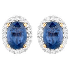 Blue Sapphire Earrings Diamonds 2.15 Carats 14K Yellow Gold