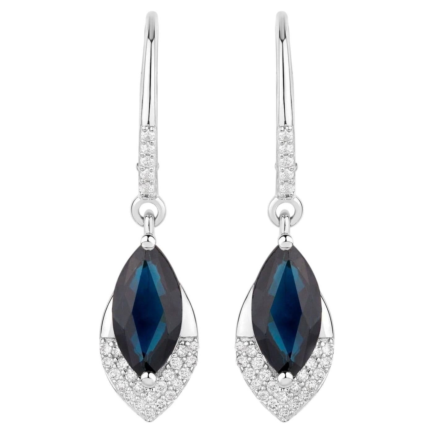 Blue Sapphire Earrings Diamonds 2.7 Carats 14K White Gold