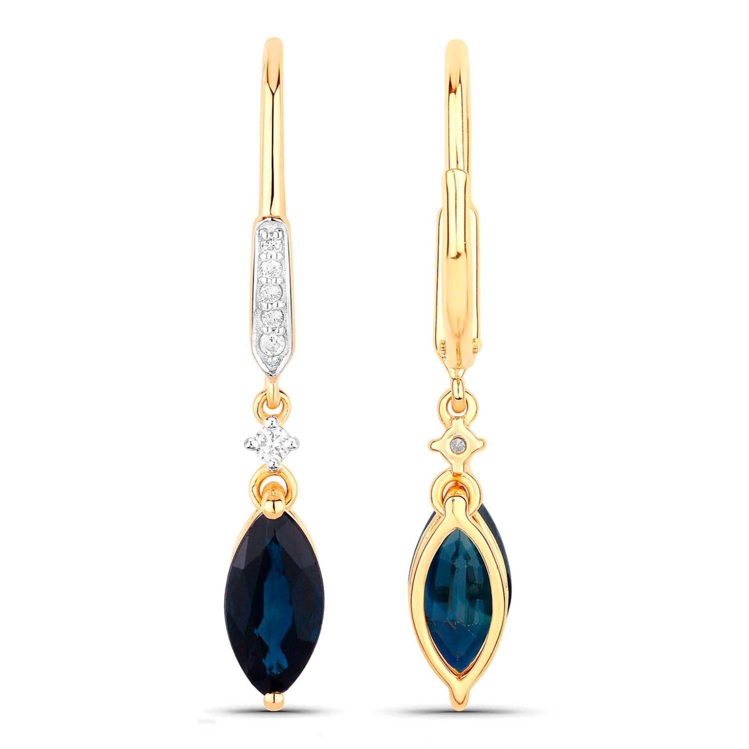 Boucles d'oreilles saphir bleu Diamants 2.7 carats Or jaune 14K Excellent état - En vente à Punta Gorda, FL