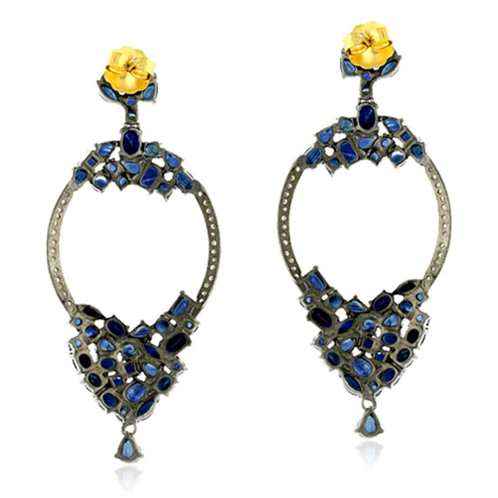 Artisan Blue Sapphire Earrings Embellished with Diamonds in 18k Yellow Gold & Silver For Sale