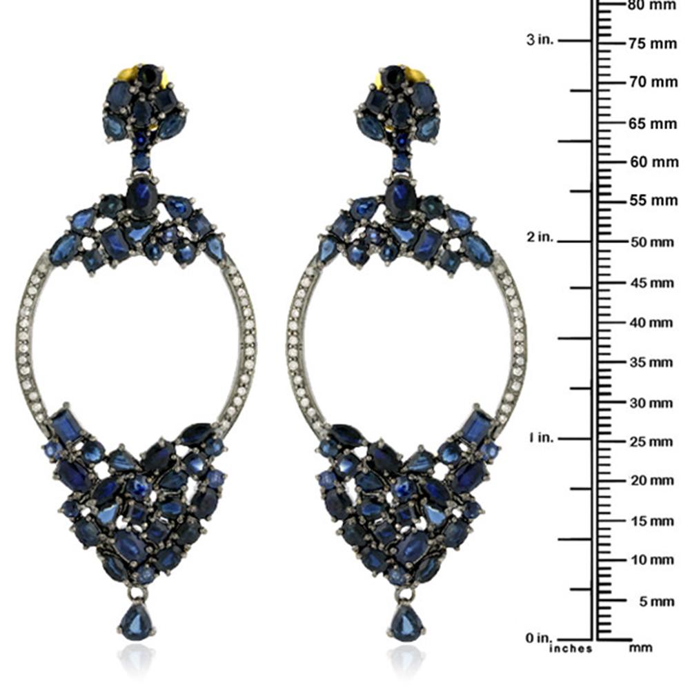 Mixed Cut Blue Sapphire Earrings Embellished with Diamonds in 18k Yellow Gold & Silver For Sale