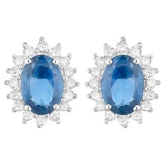 Blue Sapphire Earrings Halo Diamonds 2.2 Carats 14K White Gold