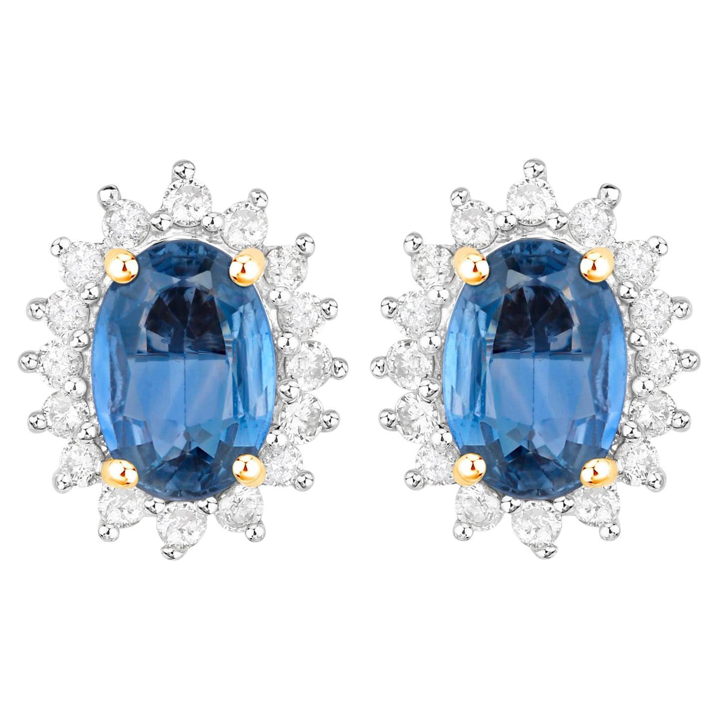 Blue Sapphire Earrings Halo Diamonds 2.2 Carats 14K Yellow Gold