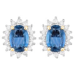 Blue Sapphire Earrings Halo Diamonds 2.2 Carats 14K Yellow Gold
