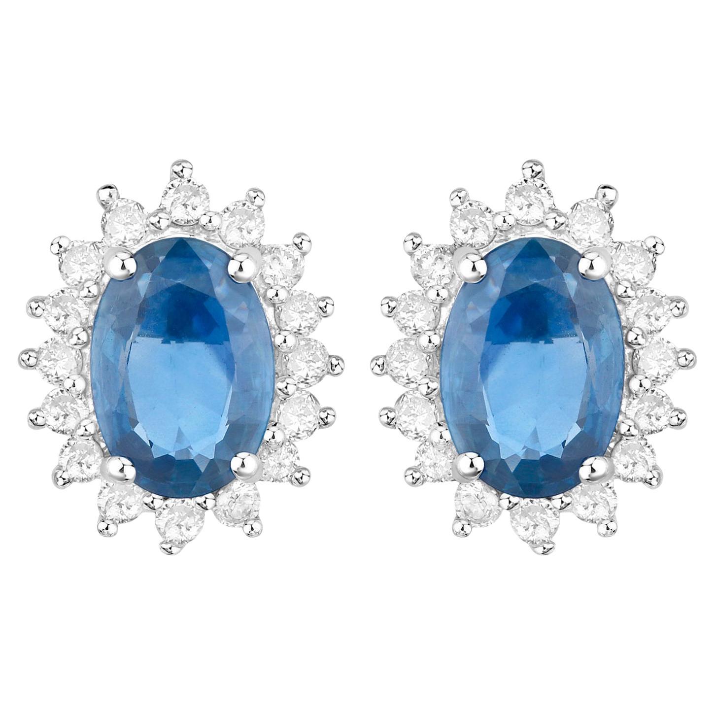 Blue Sapphire Earrings Halo Diamonds 2.2 Carats 14K Yellow Gold For Sale