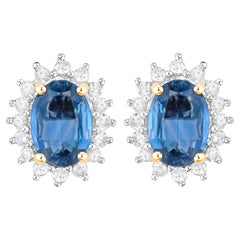 Blue Sapphire Earrings Halo Diamonds 2.2 Carats 14K Yellow Gold