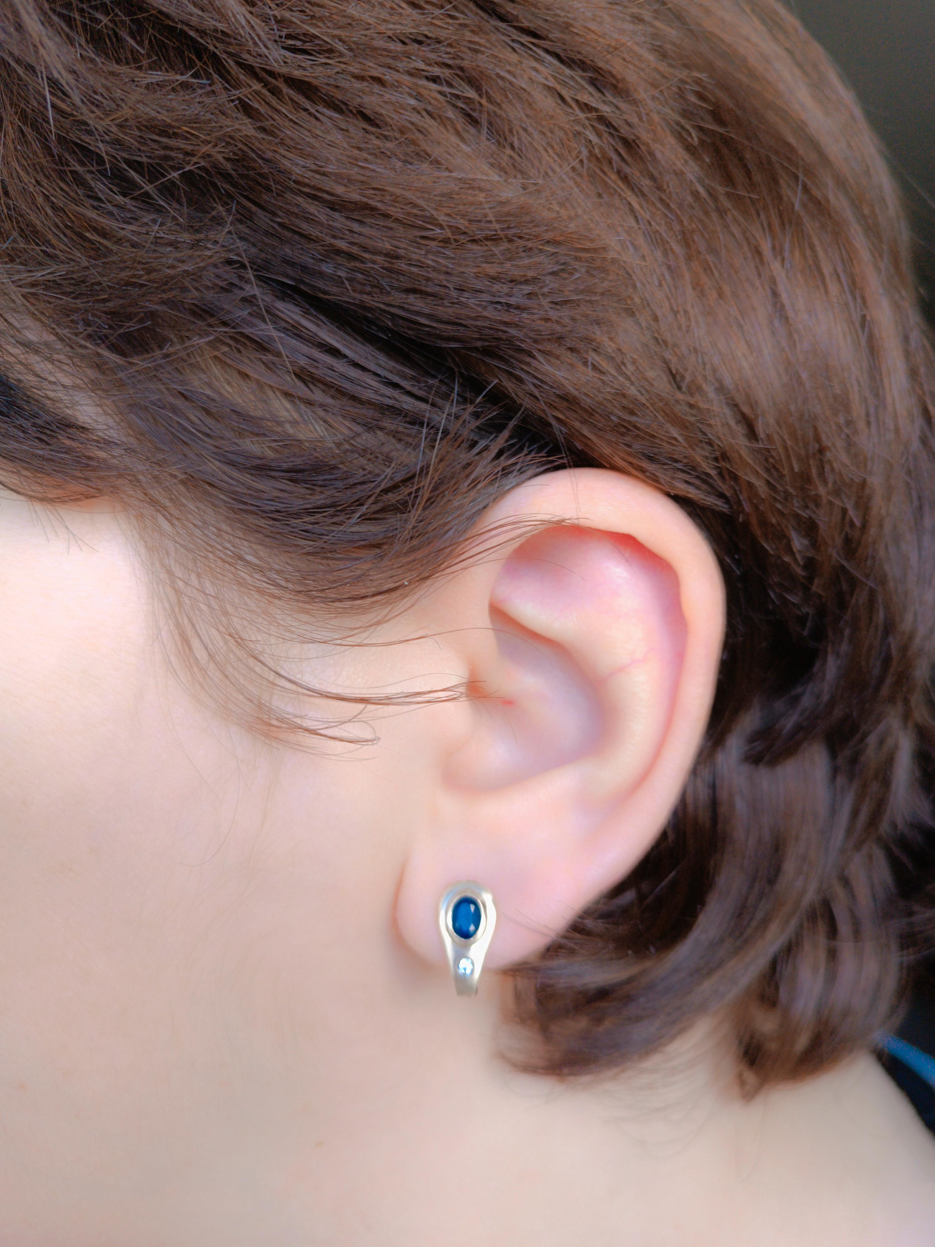 Modern Blue Sapphire Earrings in 14k Gold, Genuine Sapphire Earrings For Sale