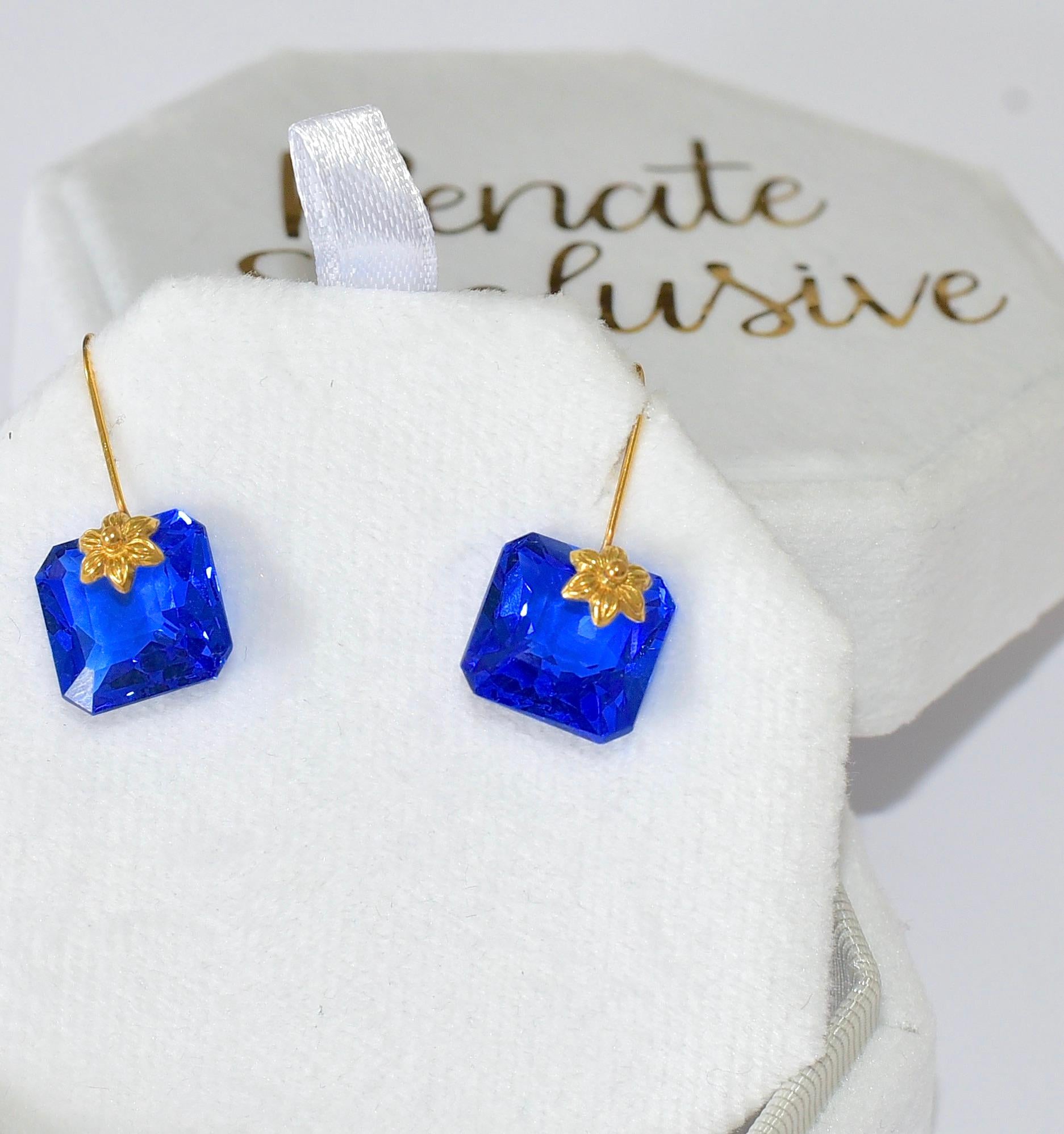 Baguette Cut Blue Sapphire Earrings in 18K Solid Yellow Gold