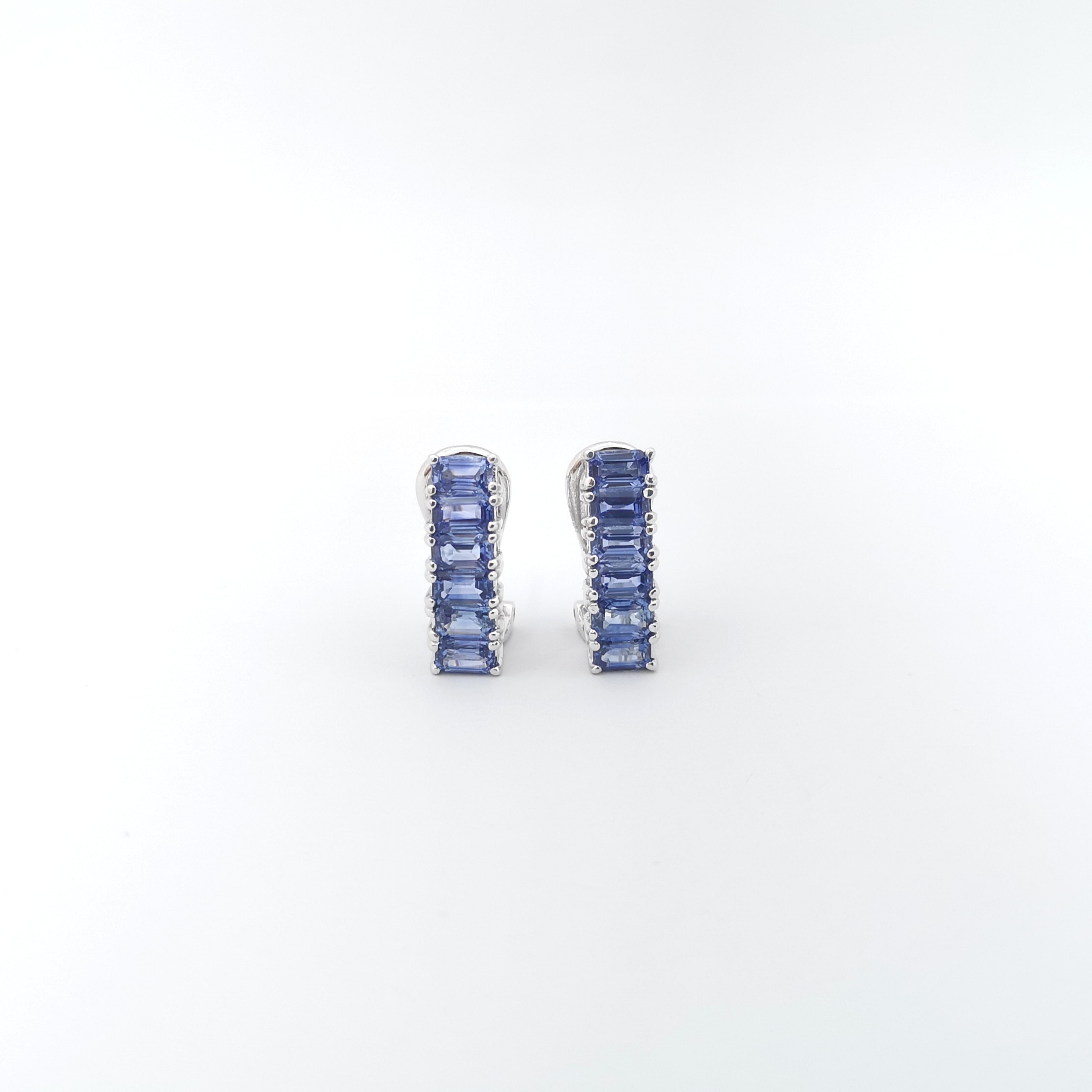 Emerald Cut Blue Sapphire Earrings set in 18K White Gold Settings For Sale
