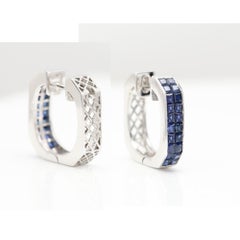 Blue Sapphire Earrings Square shape 18 Karat White gold Invisible setting