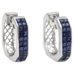 Blue Sapphire Earrings Square shape 18 Karat White gold Invisible setting